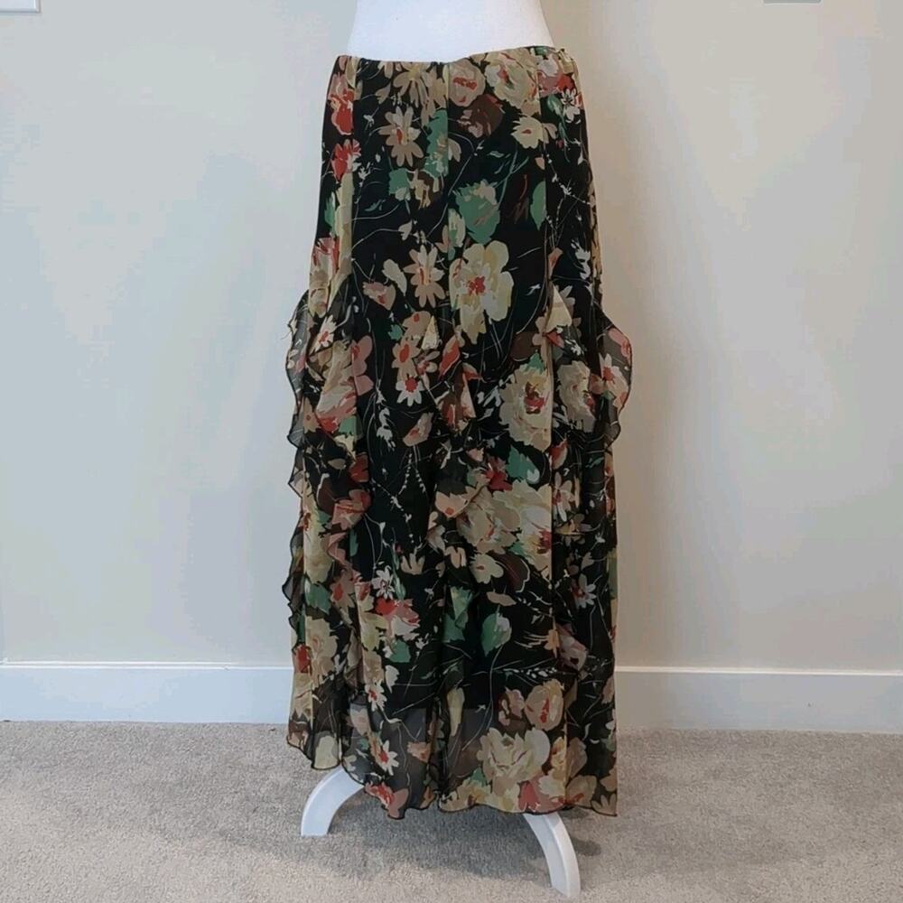 Mix Nouveau Womens L Floral Midi Skirt Black Colorful Fairy Grunge Y2K Whimsical